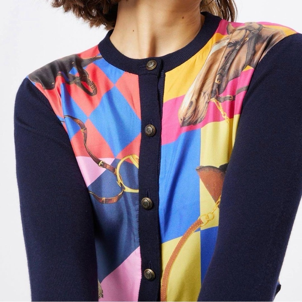 Polo Ralph Lauren Equestrian Silk Graphic Buttoned Wool Cardigan NWT Size Large - Picture 3 of 4